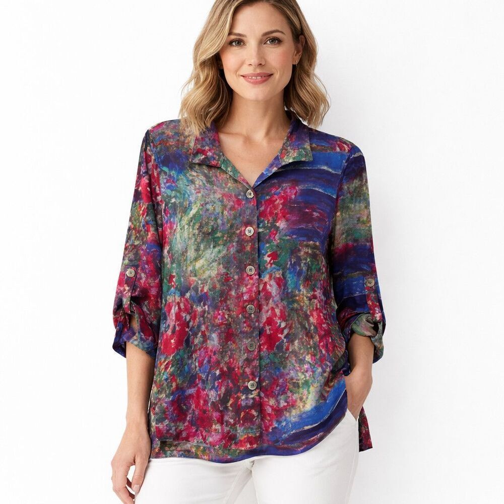 John Mark Tunic Blouse Womens XS Multicolor Abstract Button Front 3/4 Sleeve